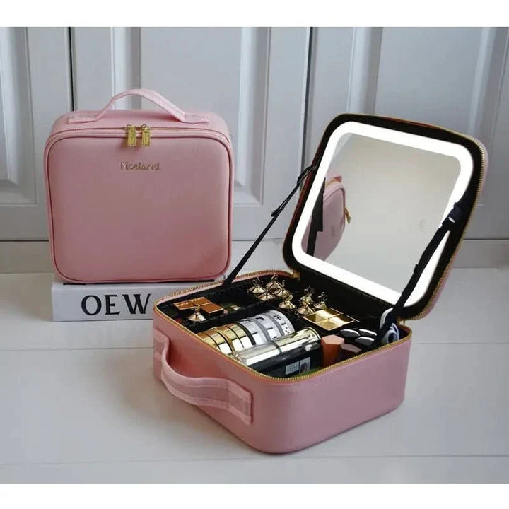 Make-up bag with LED mirror - Portable make-up bag with light &amp; storage space for perfect styling on the go