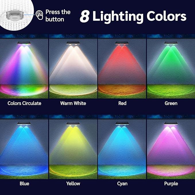Solar fence lights outdoor warm white &amp; RGB changing solar deck lights, LED solar lights for outdoor wall railing terrace stairs step garden backyard
