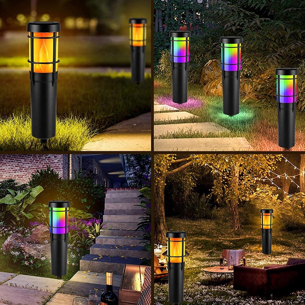 Solar Path Lights for Outdoor Use, with Flickering Flame and RGB colour Changing, LED Solar Outdoor Lights for Yard, Garden, Path, Lawn - IP65 Waterproof