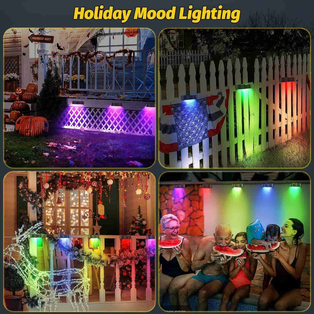 Solar fence lights outdoor wall lights Waterproof IP65, Warm white &amp; RGB 8 specific fixed colours for fence wall step deck patio