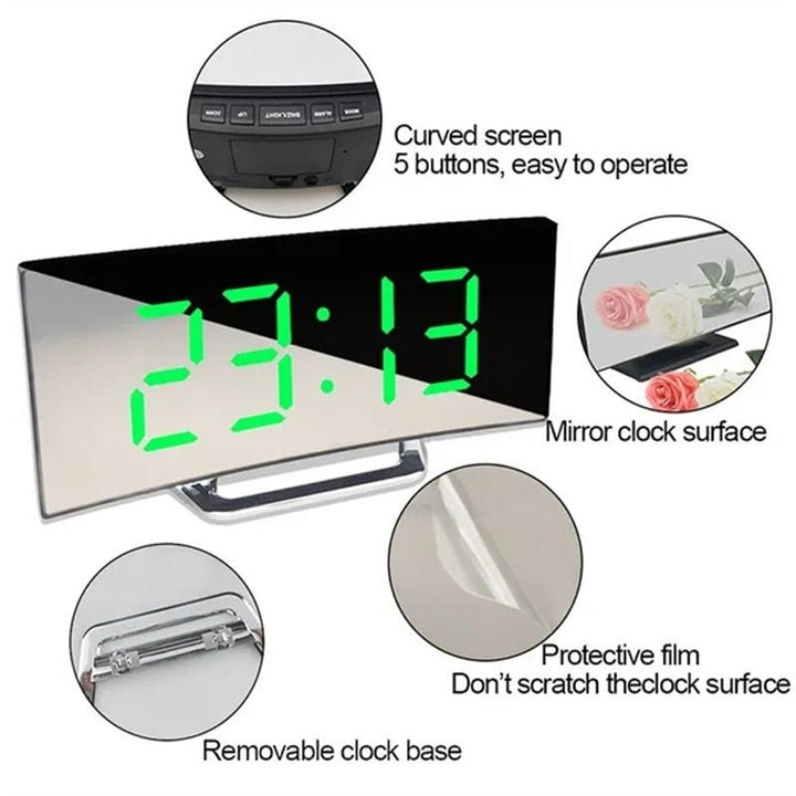 LED Digital Alarm Clock – Curved Mirror Display, Table Clock with Snooze Function, Electronic Table Display, Bedroom and Living Room Decor