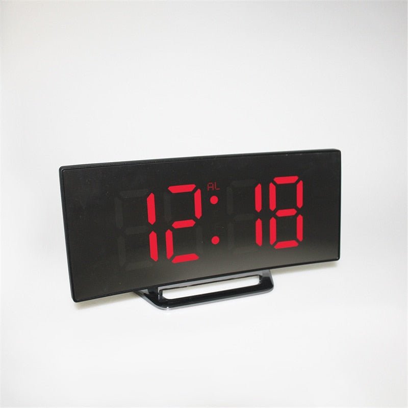 LED Digital Alarm Clock – Curved Mirror Display, Table Clock with Snooze Function, Electronic Table Display, Bedroom and Living Room Decor