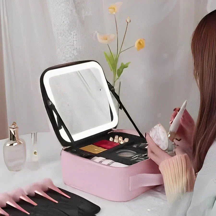 MirrorGlam LED Make-up Bag – Portable Cosmetic Case with Adjustable Light &amp; Organizer Loops