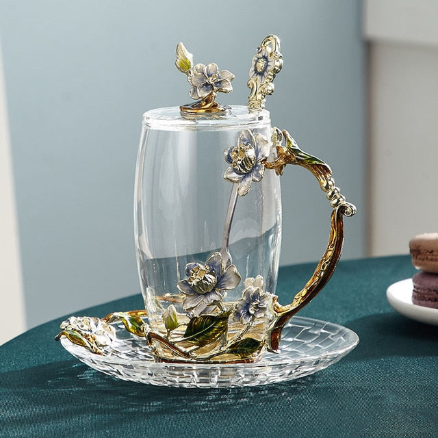 BowLift | Handcrafted enamel flower glass mug for couples love gift can serve coffee, flavored tea or even lemon juice in