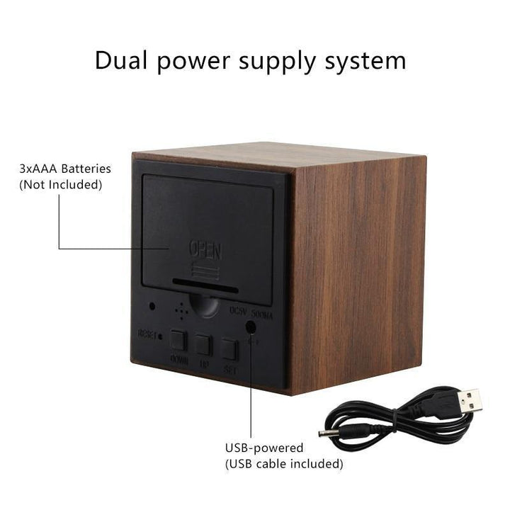 LED alarm clock in wooden cube shape