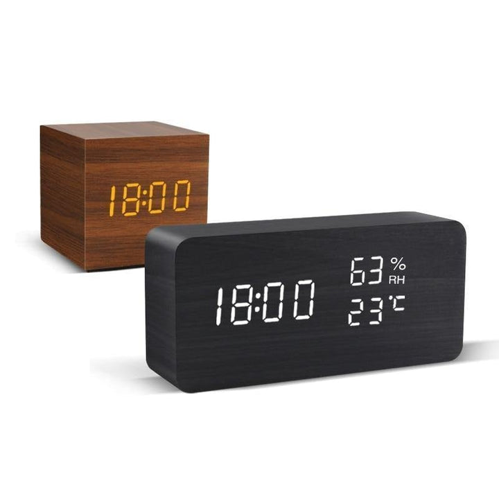LED alarm clock in wooden cube shape