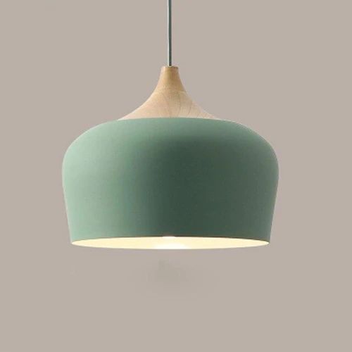 Pendant lights made of metal and wood in delicate pastel shades