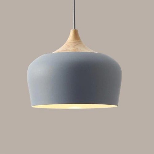 Pendant lights made of metal and wood in delicate pastel shades