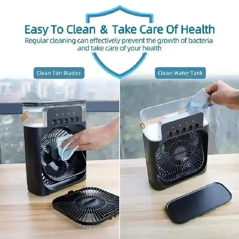3-in-1 Portable Air Cooler with LED Lights – USB-Powered Desktop Fan, Humidifier &amp; Night Light |