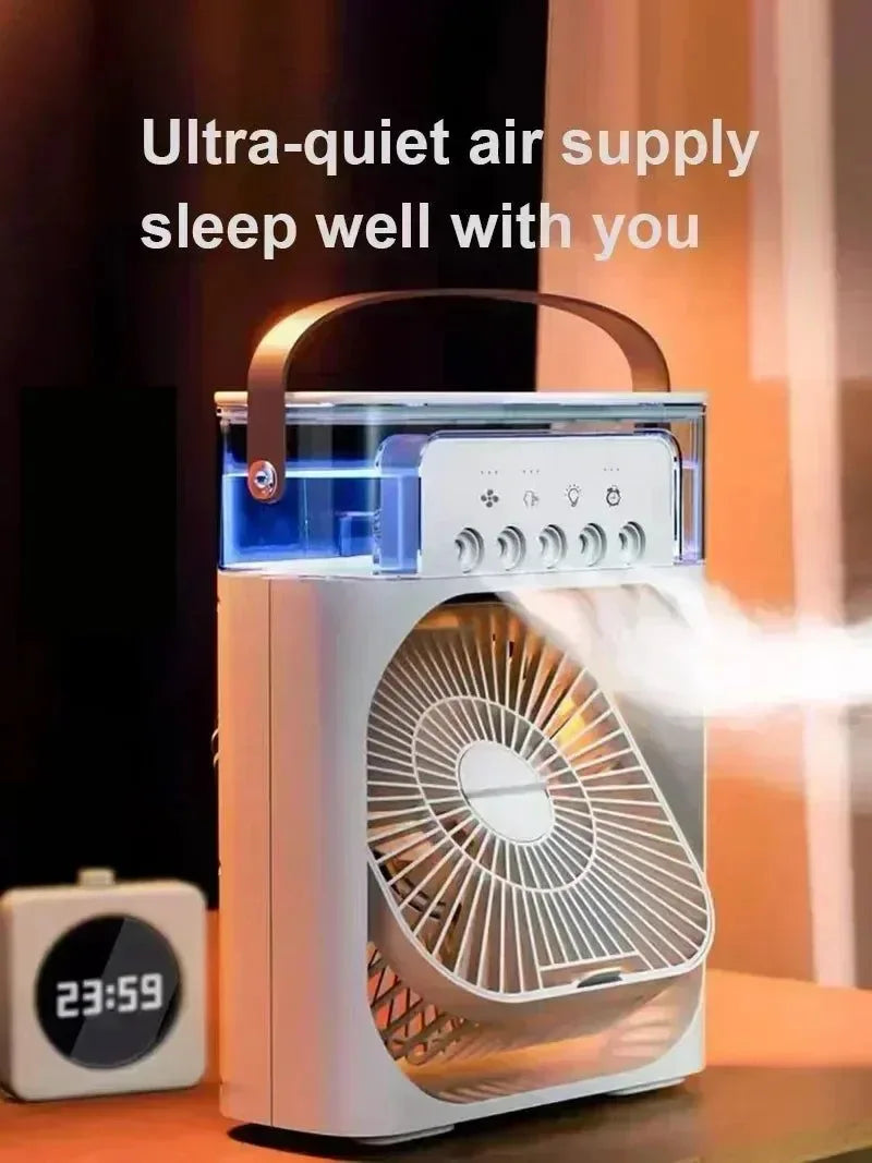 3-in-1 Portable Air Cooler with LED Lights – USB-Powered Desktop Fan, Humidifier &amp; Night Light |