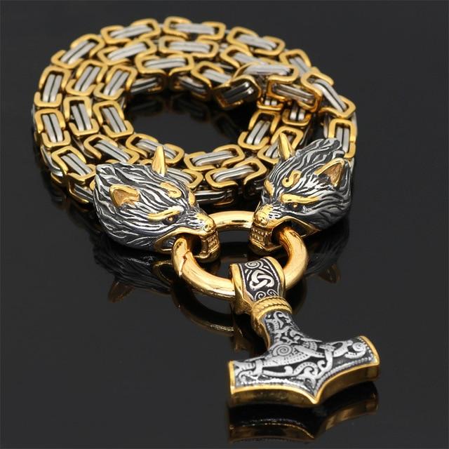 BowLift | 60–90 cm Stainless Steel Double Wolf Head &amp; Mjolnir Survival Spirit Necklace/Bracelet