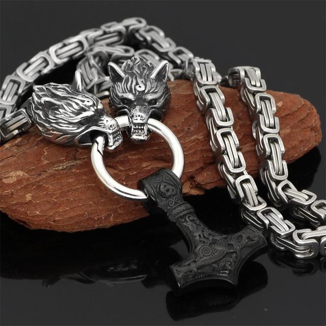 BowLift | 60–90 cm Stainless Steel Double Wolf Head &amp; Mjolnir Survival Spirit Necklace/Bracelet