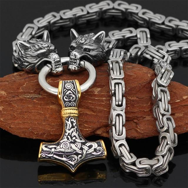 BowLift | 60–90 cm Stainless Steel Double Wolf Head &amp; Mjolnir Survival Spirit Necklace/Bracelet