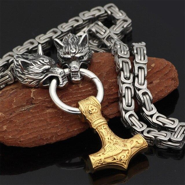 BowLift | 60–90 cm Stainless Steel Double Wolf Head &amp; Mjolnir Survival Spirit Necklace/Bracelet