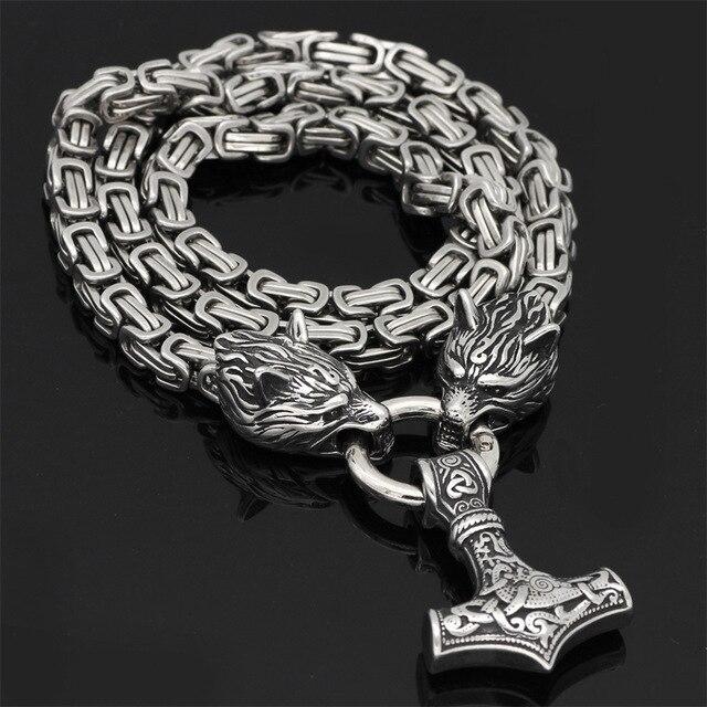 BowLift | 60–90 cm Stainless Steel Double Wolf Head &amp; Mjolnir Survival Spirit Necklace/Bracelet